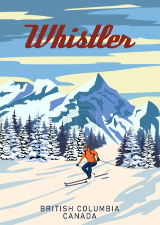 Whistler Travel Affiche station de ski vintage. Canada, Colombie-Britannique carte de voyage hivernale paysage, skieur, vue sur la montagne de neige, rétro. Illustration vectorielle