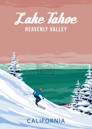 Lago Tahoe Ski Resort cartel vintage. California EE.UU. tarjeta de viaje paisaje de invierno, hombre con esquís, vista de la montaña, vendimia. Ilustración vectorial