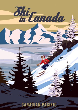 Illustration pour Affiche de voyage Ski au Canada resort vintage. Canada hiver paysage vue de voyage, skieur sur la montagne de neige, lac, rétro. Illustration vectorielle - image libre de droit