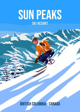 Illustration for Travel poster Ski Sun Peaks resort vintage. Canada winter landscape travel view, skier on the snow mountain, retro. Vector illustration - Royalty Free Image