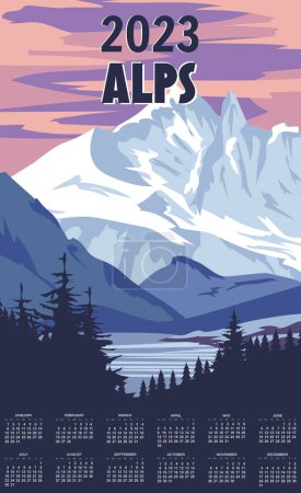 Illustration for Monthly calendar 2023 year Alps Ski resort poster, retro. Mont Blanc Winter travel card, view on the mountain village vintage. Vector illustration - Royalty Free Image