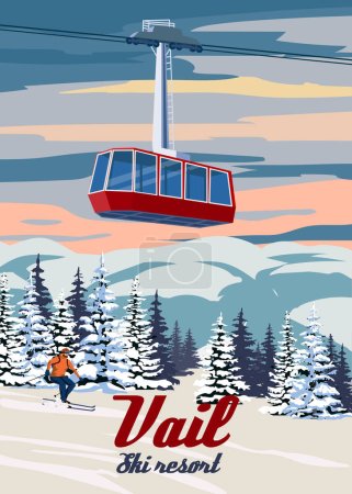 Ski Travel resort poster vintage Vail. Colorado USA winter landscape travel card, ski lift gondola, skier, view on the snow mountain, retro. Vector illustration
