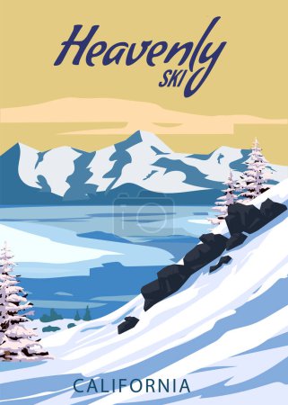 Illustration for Heavenly Ski Travel resort poster vintage. California USA winter landscape travel card, downhill skiing, view on the mountain, lake Tahoe, retro. Vector illustration - Royalty Free Image