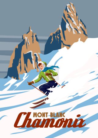Illustration for Vintage Travel poster Ski Chamonix resort. France winter landscape travel view, skier woman on the snow mountain, retro. Vector illustration - Royalty Free Image