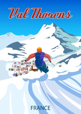 Illustration for Vintage Travel poster Ski Val Thorens resort. France winter landscape travel view, skier on the snow mountain, retro. Vector illustration - Royalty Free Image