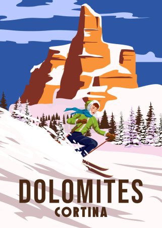 Ilustración de Vintage Travel poster Ski Dolomites resort. Italy winter landscape travel view, skier on the snow mountain, retro. Vector illustration - Imagen libre de derechos