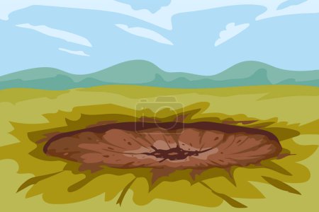 Ilustración de El cráter es un rastro de la explosión en el suelo de una concha, mina, meteorito. Fosa de impacto en tierra, ilustración vectorial, estilo de dibujos animados - Imagen libre de derechos