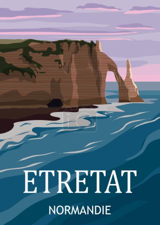 Illustration for Travel poster Etretat France, vintage seascape rock cliff seashore landscape. Normandy retro card, illustration, vector, postcard - Royalty Free Image