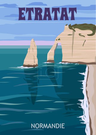 Téléchargez les illustrations : Travel poster Etretat France, vintage seascape rock cliff seashore landscape. Normandy retro card, illustration, vector, postcard - en licence libre de droit