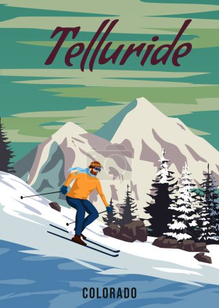 Ilustración de Cartel de viaje Ski Telluride resort vntage. América paisaje de invierno vista de viaje, esquiador en la montaña de nieve, retro. Ilustración vectorial - Imagen libre de derechos