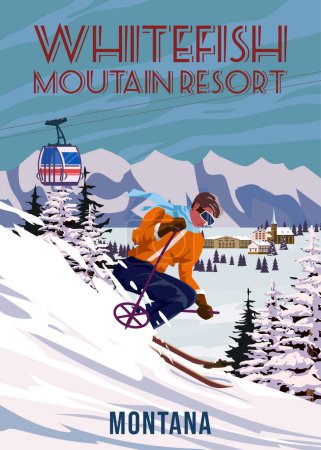 Illustration for Travel poster Ski Whitefish resort vintage. America winter landscape travel view, skier on the snow mountain, retro. Vector illustration - Royalty Free Image