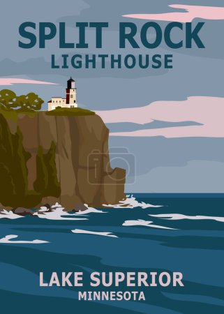 Téléchargez les illustrations : Retro Travel poster Split Rock Lighthouse Minnesota. Vintage vector illustration lighthouse card Lake Superior USA - en licence libre de droit