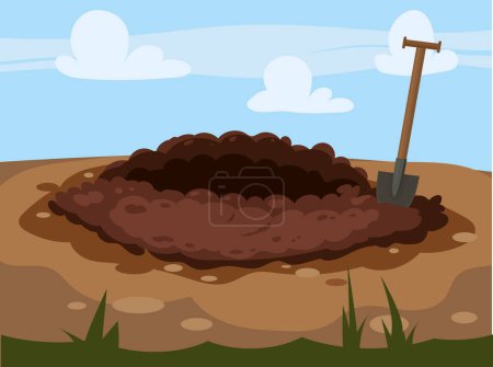 Illustration for Digging Hole in the ground, burrow ground works digging, shovel. Grave and excavation. Pile dirt. Vector illustration cartoon style - Royalty Free Image