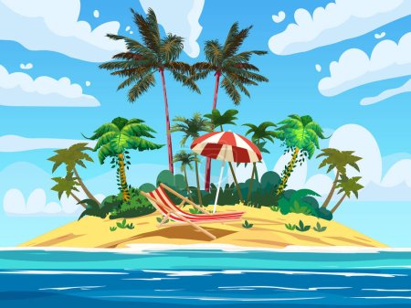 Illustrazione per Isola tropicale resort, sdraio sotto ombrellone mare surf, spiaggia. Estate vacanza sfondo, cartone animato vettoriale illustrazione - Immagini Royalty Free
