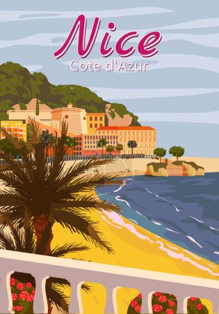 Illustration for Nice French Riviera coast poster vintage. Resort, coast, sea, palms, beach. Retro style illustration vector isolated - Royalty Free Image