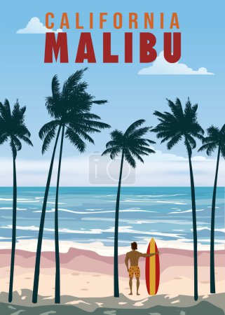 Téléchargez les illustrations : California Malibu beach affiche de voyage rétro, Malibu Beach, palmiers, surfeur, surf de l'océan. Illustration vectorielle carte vintage - en licence libre de droit