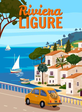Riviera Ligure Italia, paisaje mediterráneo romántico, montañas, ciudad costera, mar. Viajes con póster retro, ilustración vectorial postal aislada