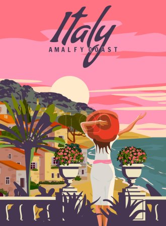 Italy, Lady on vacation, Riviera coast poster vintage, palm, resort, coast, sea, beach Retro style illustration vector isolated