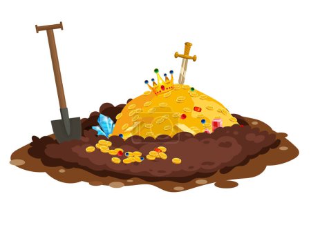 Illustration for Treasure pile full of treasures, gold coins, Digging Hole in the ground, burrow ground works digging, shovel. Grave and excavation. Pile dirt. Vector illustration cartoon style - Royalty Free Image