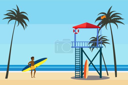 Illustration for Lifeguard station on the beach palms, surfer, coast ocean, sea. Summer tropical landscape, vector illustration flat cartoon style - Royalty Free Image