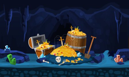 Fantasy Treasure cave with pile of gold coins, wooden chest, barrel, crystals, gem, money sword and skull. Cartoon pirate treasury vector background. Illustration cartoon style, grot with old antiqe