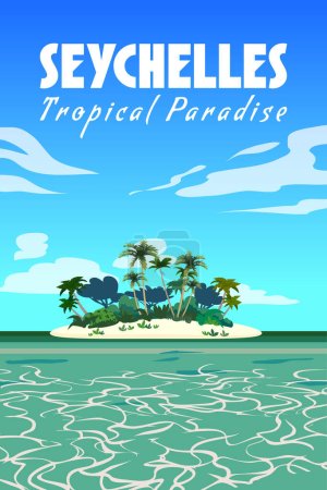 Téléchargez les illustrations : Affiche de voyage Seychelles vintage. Paradis île station balnéaire avec côte sable blanc, océan, côte. Carte postale vectorielle d'illustration de style rétro - en licence libre de droit