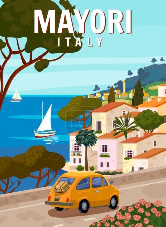 Retro Poster Italy, Mayori resort, Costa Amalfitana. Camino coche retro, mediterráneo romántico paisaje, montañas, ciudad costera, velero, mar. Cartel de viaje retro, ilustración vectorial postal aislada
