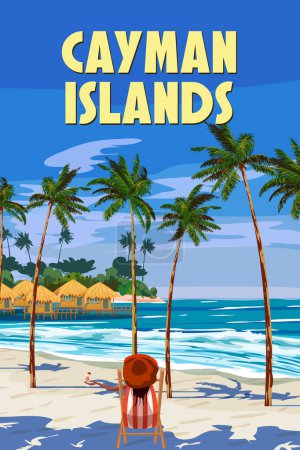 Caiman Islands vintage travel poster. Tropical islands, beach, woman in chaise lounge with cocktail glass, palms, surf, coastal ocean view. Vector illustration background, card retro style