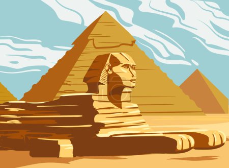 Téléchargez les illustrations : Vintage Banner Ancient Sphinx, Égypte Pyramides pharaons. Voyage en Egypte Pays, désert du Sahara. Retro carte illustration vecteur isolé - en licence libre de droit
