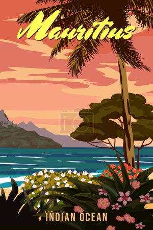 Illustration for Travel poster Maurutius tropical island resort vintage. Beach coast, palms, ocean, coast. Paradise resort, retro style illustration vector postcard - Royalty Free Image