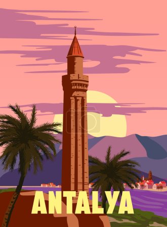 Illustration for Antalya retro landmark poster, Turkey resort. Vintage touristic travel postcard, placard, vector illustration isolated - Royalty Free Image