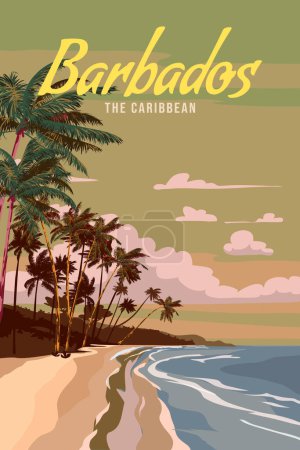 Cartel de viaje Barbados tropical island resort vintage. Costa de playa, palmeras, océano, costa. Paradise resort, estilo retro ilustración vector postal