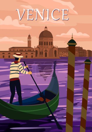 Téléchargez les illustrations : Affiche Rétro Venise Italia. Grand Canal, gondolier, architecture, carte de style vintage. Carte postale vectorielle isolée - en licence libre de droit