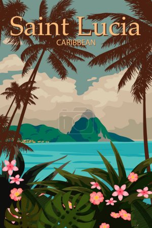 Cartel de viaje Santa Lucía tropical island resort vintage. Costa de playa, palmeras, océano, costa. Paradise resort, estilo retro ilustración vector postal