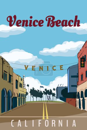 Téléchargez les illustrations : California Venice Beach affiche de voyage rétro, Venise Westside région de Los Angeles Comté, palmiers, rue, océan. Illustration vectorielle carte vintage - en licence libre de droit