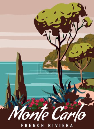 Illustration for Monte Carlo French Riviera Retro Poster. Tropical coast scenic view, palm, Mediterranean marine. Summer vacation holiday, nature. Vector illustration vintage - Royalty Free Image