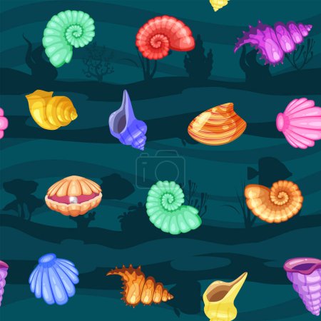 Illustration for Seamless pattern tropical shells cartoon. Cute funny underwater characters vector illustration, fabric, paper print, background, textile - Royalty Free Image