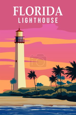 Affiche rétro Key West Lighthouse Floride. Palmier, tour de phare, coucher de soleil, océan. Illustration vectorielle style vintage isolé