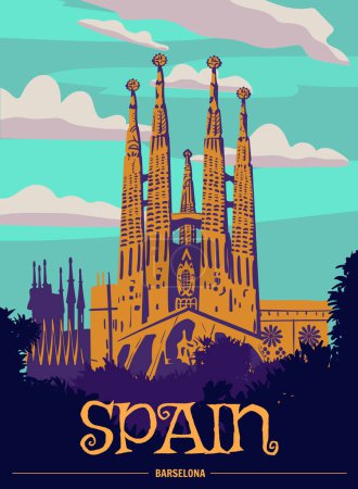 Illustration for Travel Poster Spain, Barcelona Vintage. Sagrada Familia Gaudi Basilica of Spain, sunset sky. Vector illustration retro style, isolated - Royalty Free Image