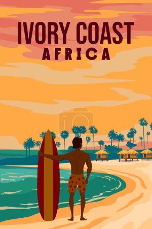 Ilustración de Cartel vintage de viaje Costa de Marfil, palmeras, puesta de sol, surfista, océano, tabla de surf. Tarjeta retro de ilustración vectorial - Imagen libre de derechos