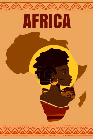 Illustration for African woman poster portrait on Africa map continent, sunset landscape. Vintage design, ethnic pattern, vector isolated - Royalty Free Image