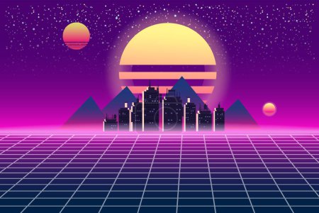 Illustration for Retrowave banner vaporwave aesthetic background. Futuristic city grid 3d, sunset 80 s Synthwave - Royalty Free Image