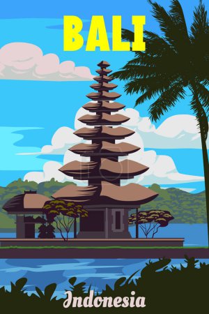 Cartel de viaje Bali tropical island resort vintage. Antiguo Templo, costa, palmeras, océano. Indonesia paraíso resort, estilo retro ilustración vector postal