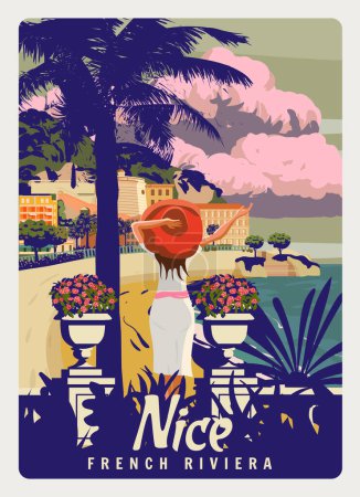 Illustration for Nice French Riviera coast poster vintage. Lady on vacation, palm, resort, coast, sea, beach. Retro style illustration vector isolated - Royalty Free Image
