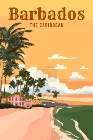 Ilustración de Barbados Cartel de viaje tropical island resort vintage. Costa de playa, palmeras, océano, costa. Paradise resort, estilo retro ilustración vector postal - Imagen libre de derechos
