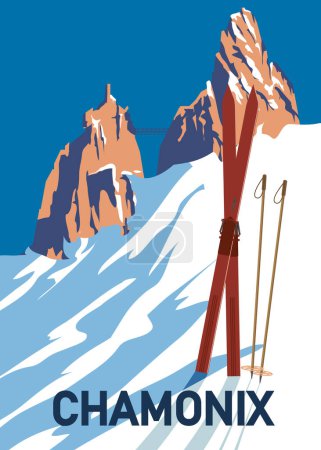 Vintage Travel poster Ski Chamonix resort. France winter landscape travel view, skis on the snow mountain, retro. Vector illustration