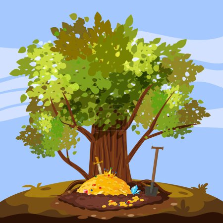 Illustration for Treasure pile under oak tree, full of treasures, gold coins, Digging Hole in the ground, burrow ground works digging, shovel. Grave and excavation. Pile dirt. Vector illustration cartoon style - Royalty Free Image