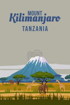 Ilustración de Africa travel poster savanna sunset Kilimanjaro Tanzania. Paisaje exótico, vintage, ilustración vectorial - Imagen libre de derechos