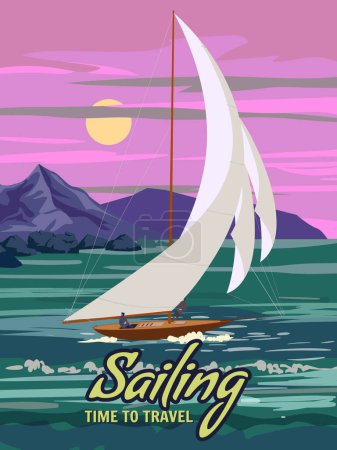 Illustration for Sailing Time to Travel poster retro, sailing ship on the ocean, sea, severe captain. Rock mountain seascape travel. Vector illustration vintage style - Royalty Free Image