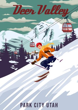Ilustración de Cartel de viaje Ski Deer Valley resort vintage. EEUU paisaje de invierno vista de viaje, esquiadora mujer en la montaña de nieve, retro. Ilustración vectorial - Imagen libre de derechos
